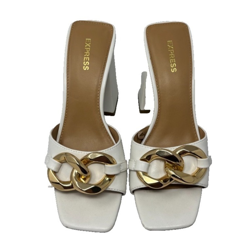 NWT Express White Sandals with Gold Link Details Block Heels Stylish Size 7